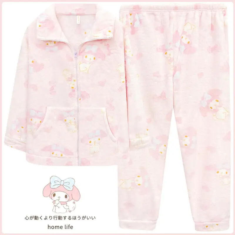 My Melody, милый плюшевый пушистый пижамный костюм из 2 предметов, женский новый зимний теплый коралловый плюшевый утепленный верхняя одежда, домашний повседневный меховой комплект