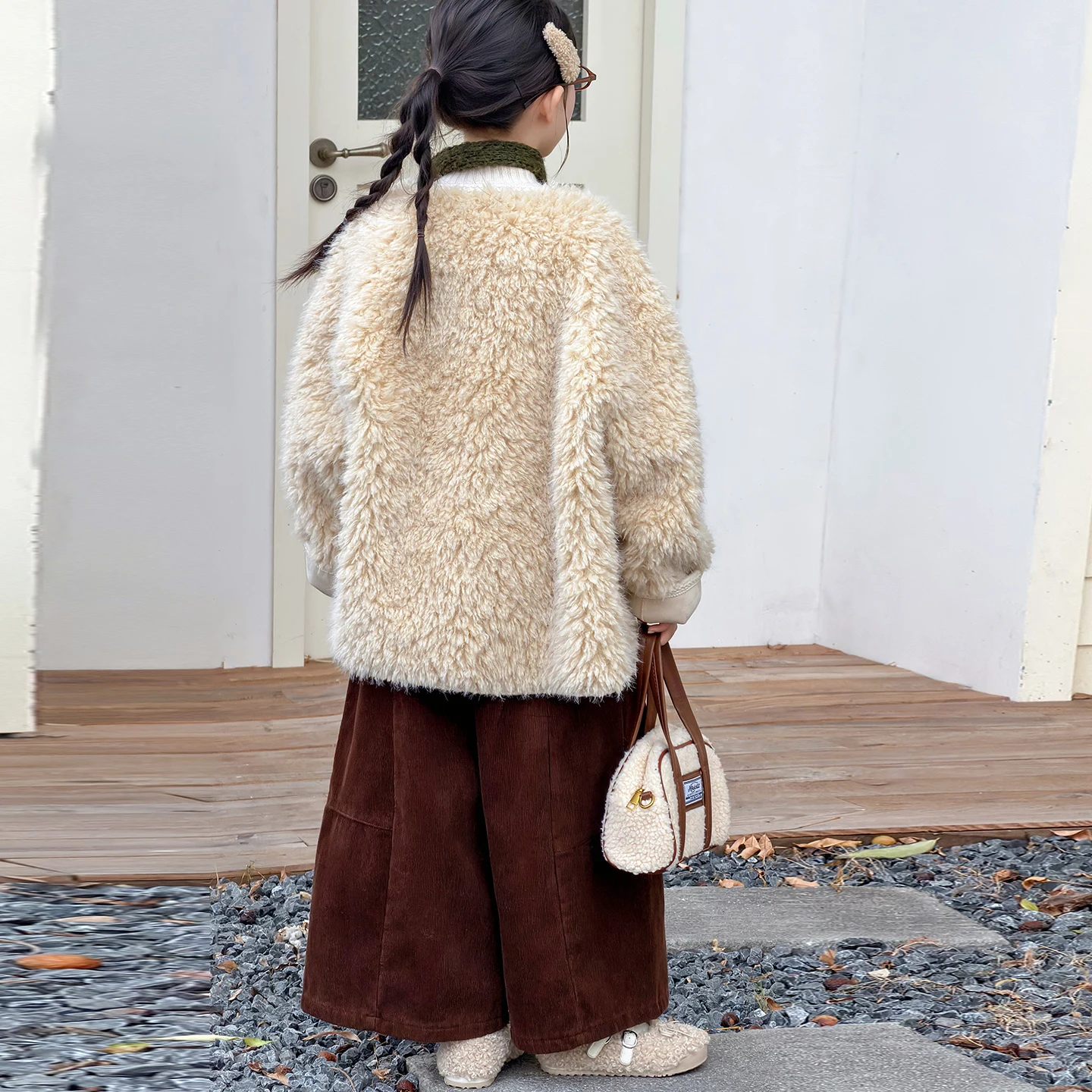 خمر مزيج الصوف معطف طويل الكورية القرن مشبك صوف الضأن معطف فتاة الشتاء زائد الصوف سميكة الفراء معطف واحد معطف فروي سن 4-14y