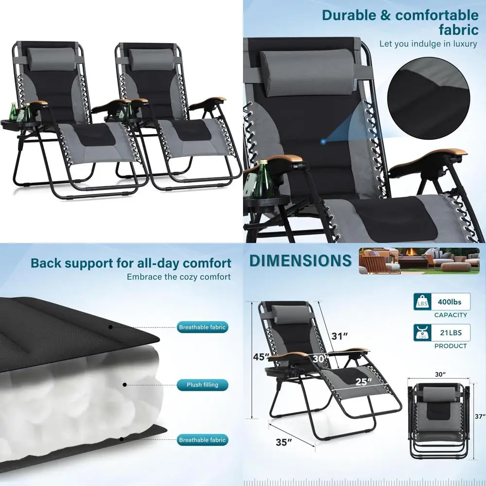 Oversized XL Anti-Gravity Outdoor Lounge Chairs Set of 2, Folding Adjustable Patio Chairs with Cup Holders, Comfortable Zero Gra