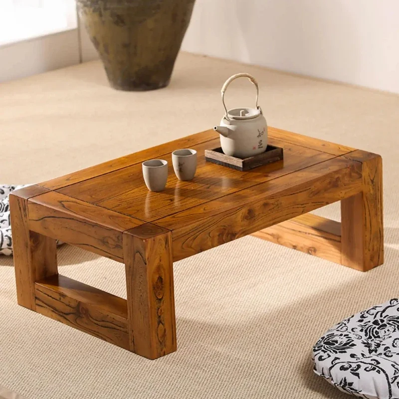 Aged Elm Wood Tea Table - Handmade Tatami Floor Desk with Zen Design for Bay Window, Living Room, Solid Wood Low Table
