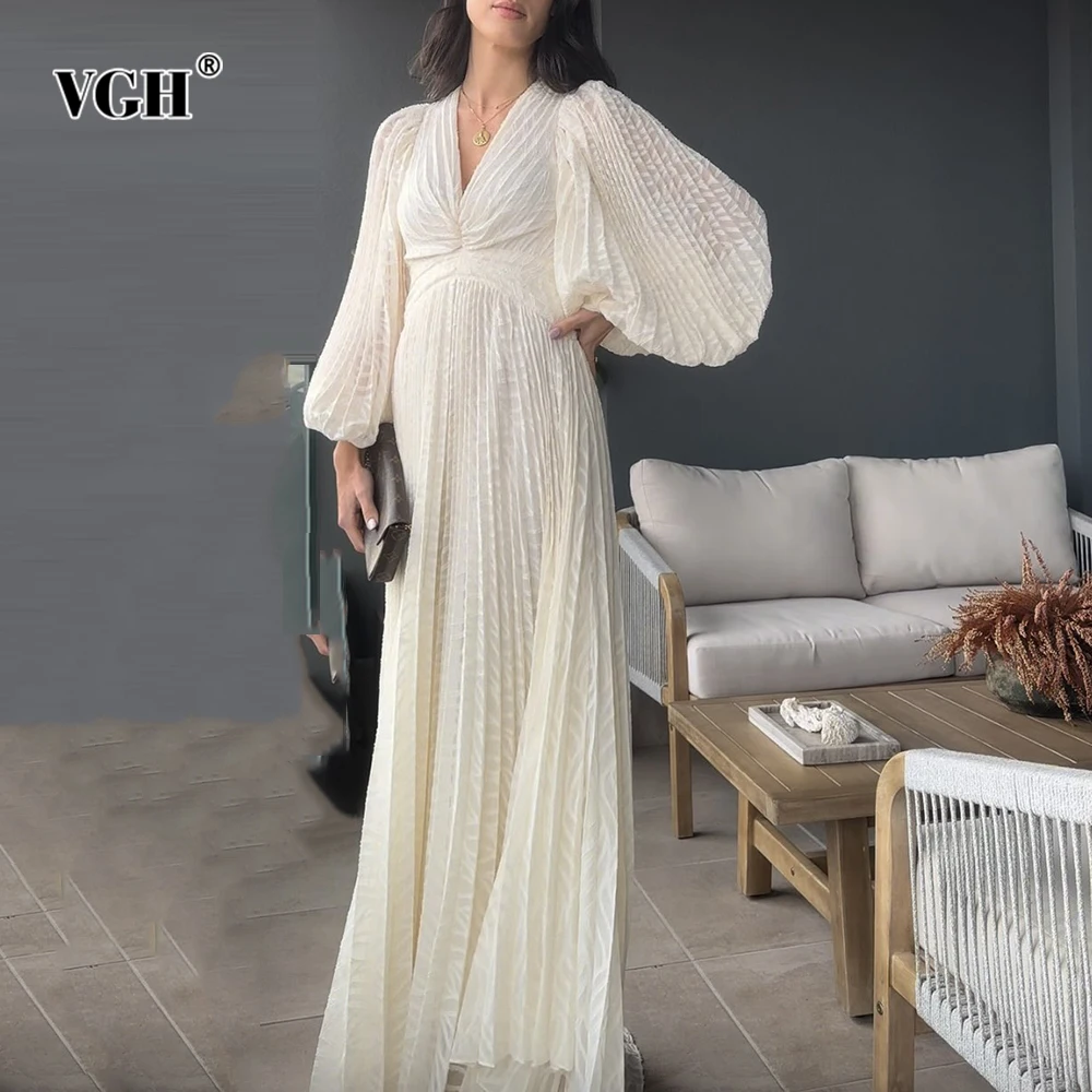 

VGH Casual Slimming Solid Dresses For Women Deep V Neck Long Sleeve High Waist Draped Temperament Dress Female Fashion Style New