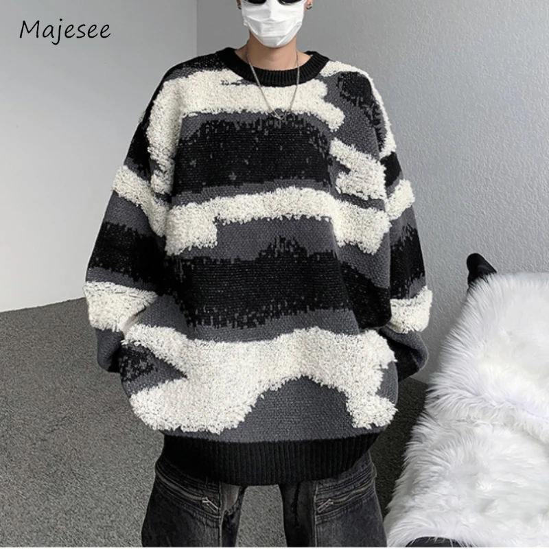 

Asymmetrical Striped Sweaters Men Baggy Slouchy Knitwear Autumn Winter Flocking High Street Advanced Popular Korean Style Ins