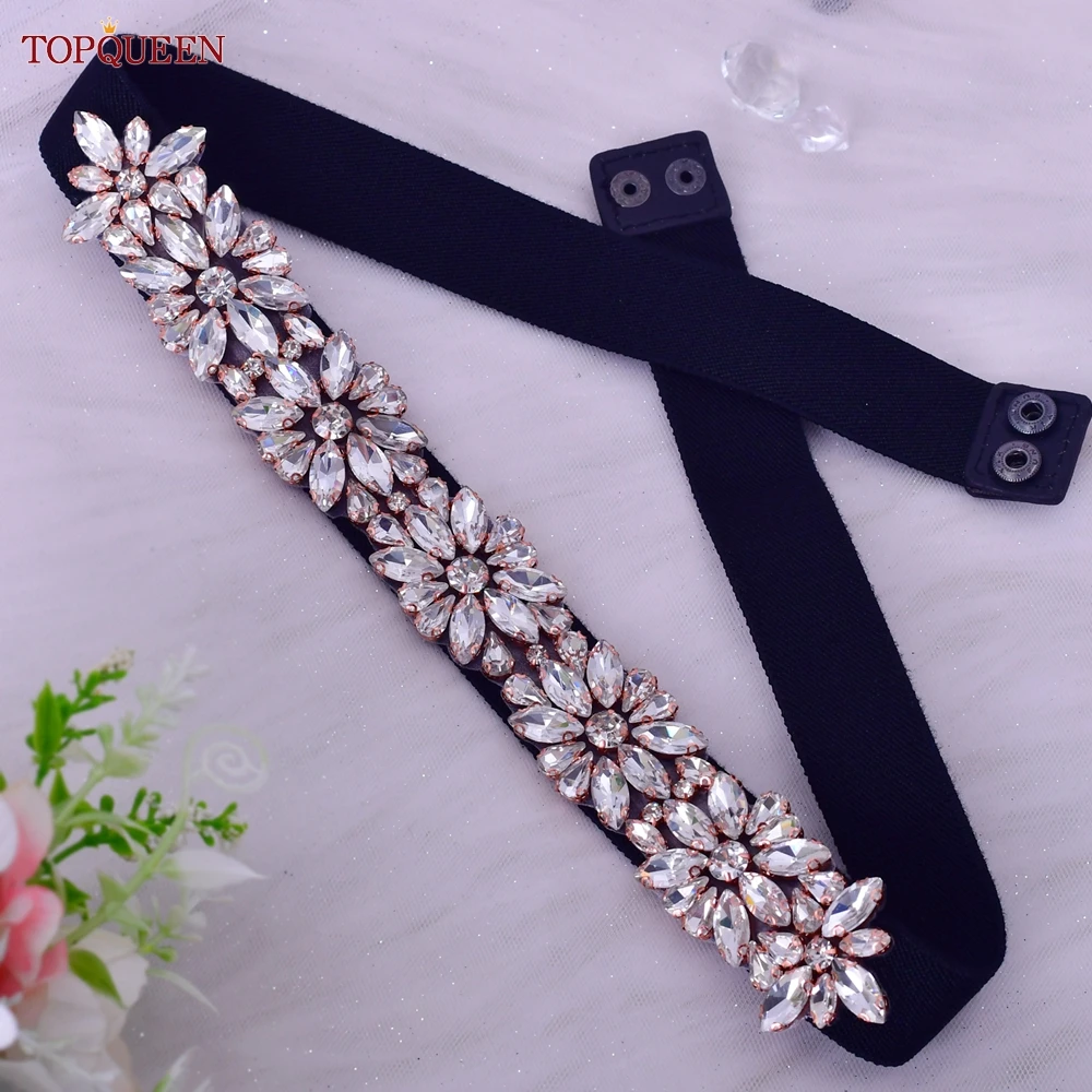 

TOPQUEEN Luxury Black Elastic Belt Rose Gold Rhinestone Women Ladies Dress Coat Decoration Evening Party Gown Sash S89-RG-B