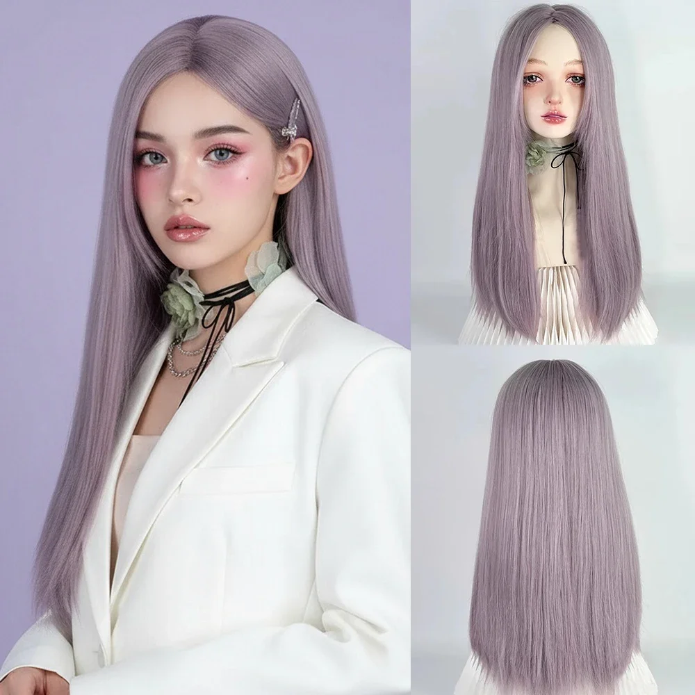 

Женский синтетический длинный прямой розовый фиолетовый парик для косплея со средней разбросанной челкой, повседневные накладные волосы в стиле Лолиты, термостойкие