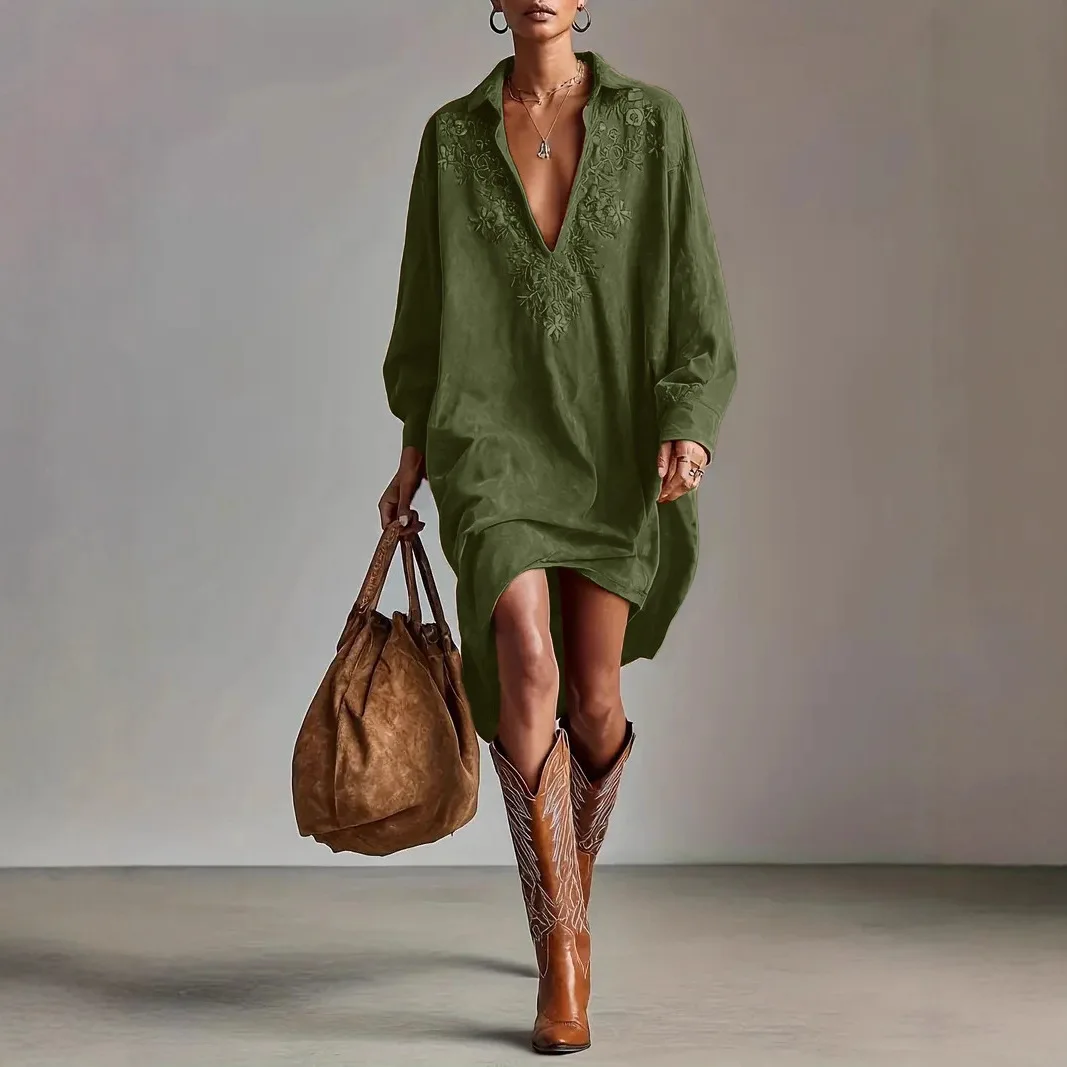 Fashion Embroidered Long Sleeve Short Shirt Dress Women 2025 Autumn Winter Flower Turn-down Collar Loose Mini Dresses Elegant