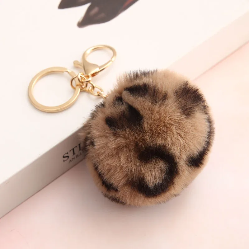 8 Colors Leopard Print PomPom Keychain Car Keyring Women Or Child Holder Bag Pendant Jewelry Key Chain Charms Soft Fluffy Ball