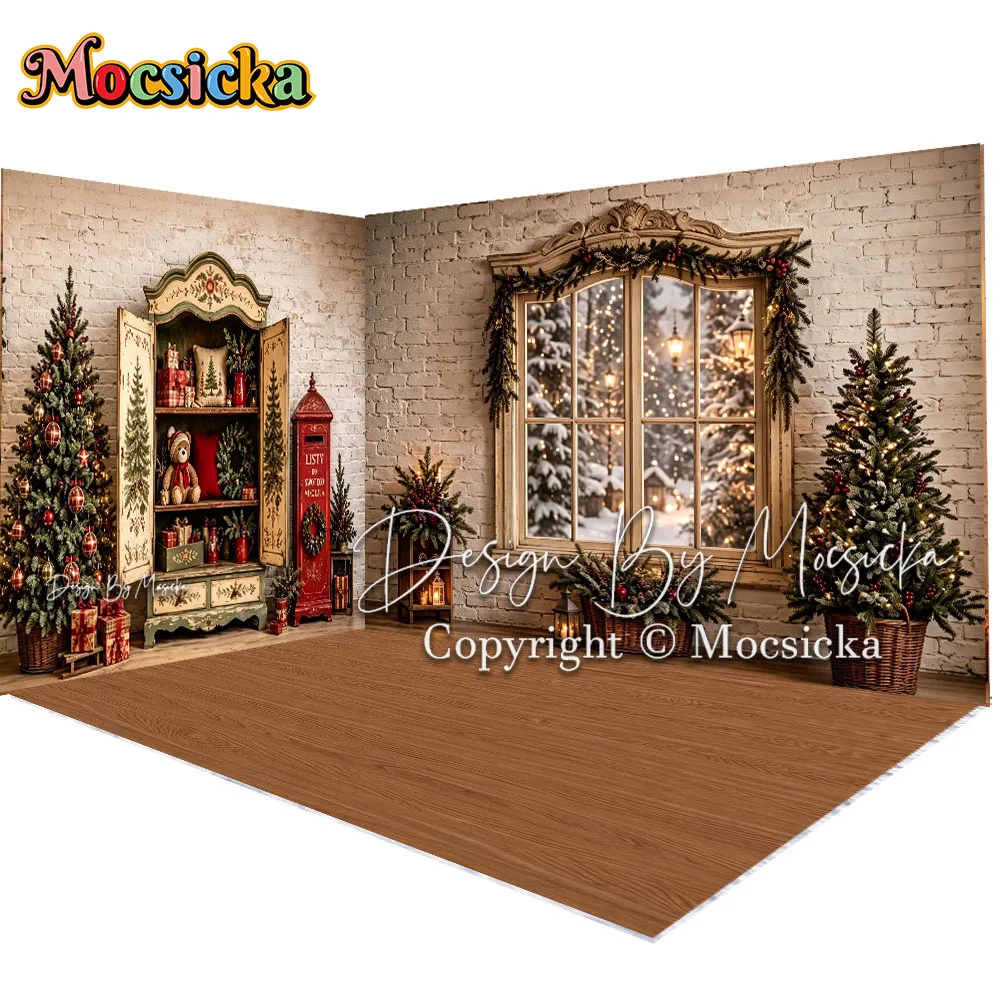 Mocsicka Backdrop Photography Christmas Cabinet Mailbox Window Wreath Gift Holiday Background Kids Holiday Party Studio Photo