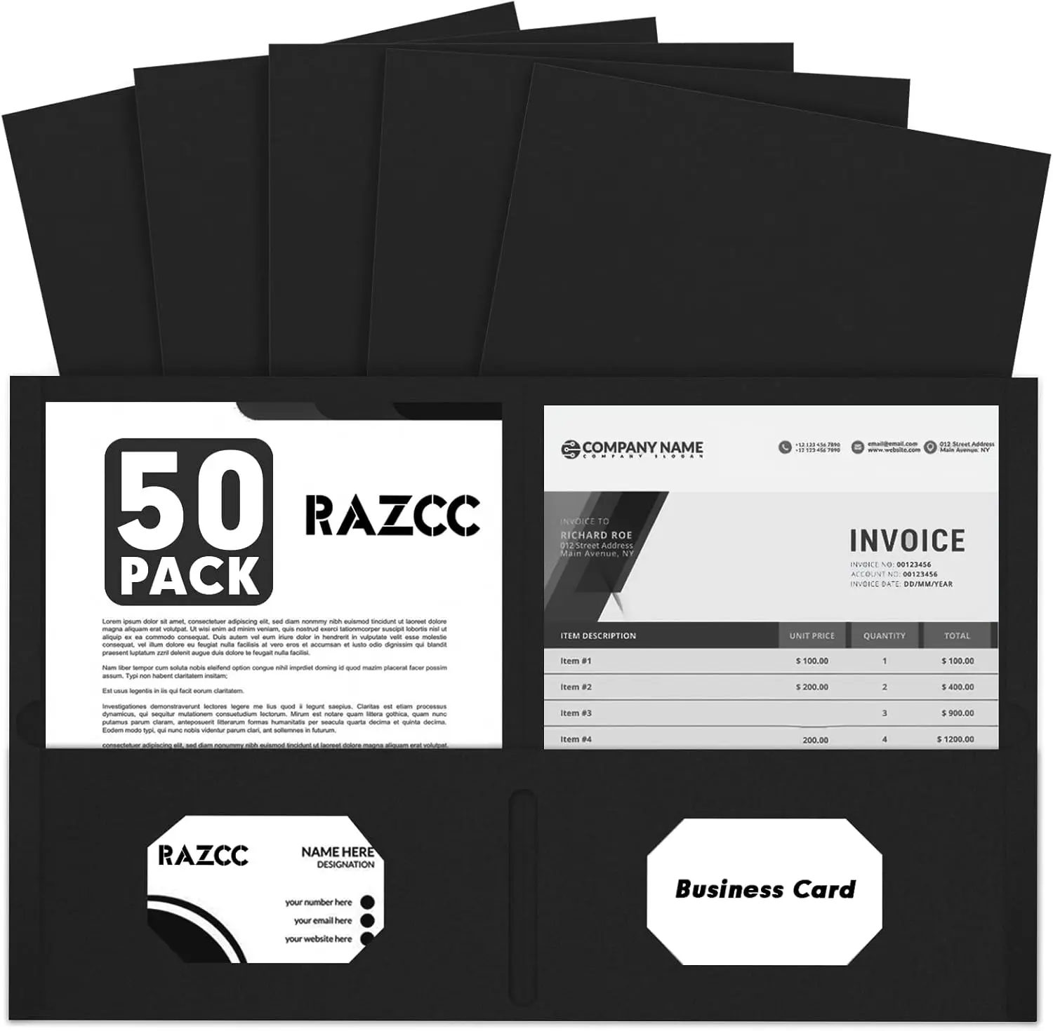 

50 Pack Black Two Pocket Folders for Letter Size Paper, Ideal for School Office Home Use