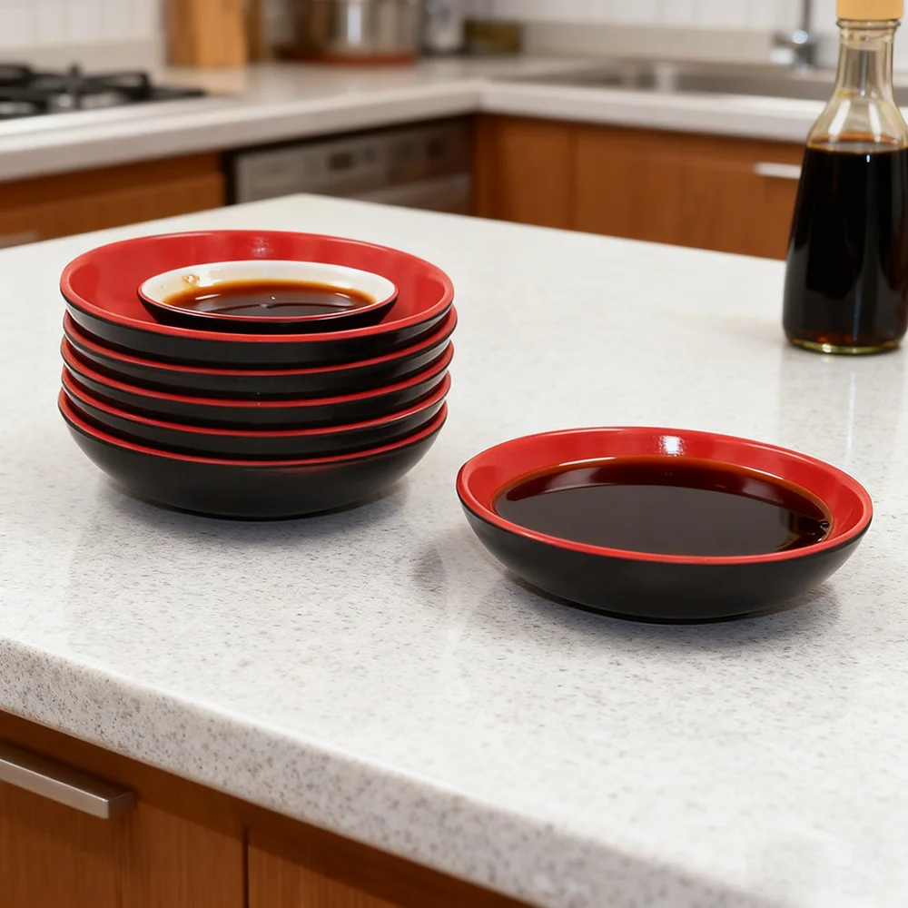 

4 шт., красные и черные круглые блюда для соуса, миски для погружения в еду, меламиновая тарелка для приправ, стандартная круглая тарелка для приправ