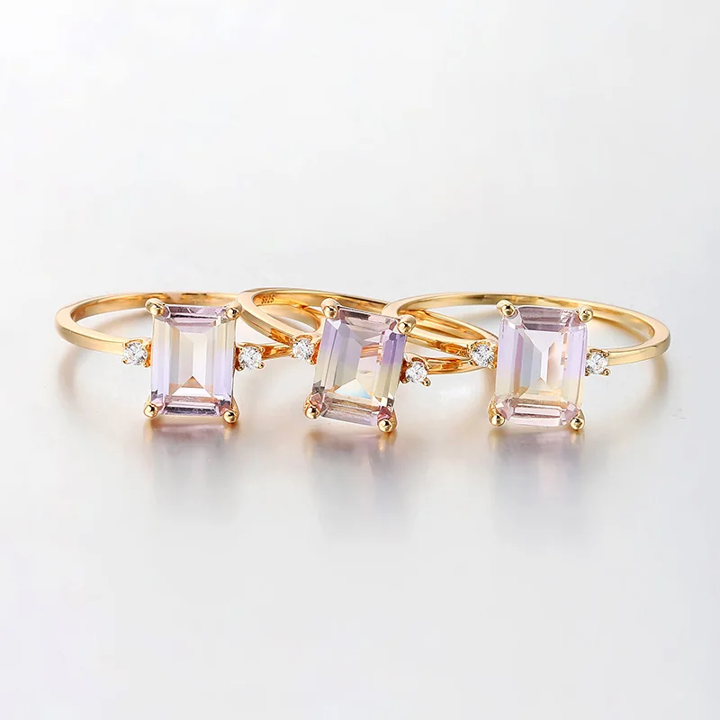 LAOOM Vintage Gemstone Rings Natural Ametrine Ring For Women Square Amethyst  925 Sterling Silver Gold Plated Fine Jewelry RI191