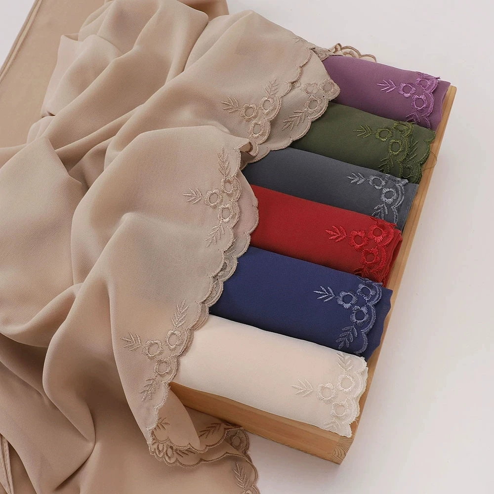 Malaysia Indonesian Embroidered Chiffon Headscarf Shawl Turban Head Wraps Good Quality Breathable Ladies' Scarf 70*175cm