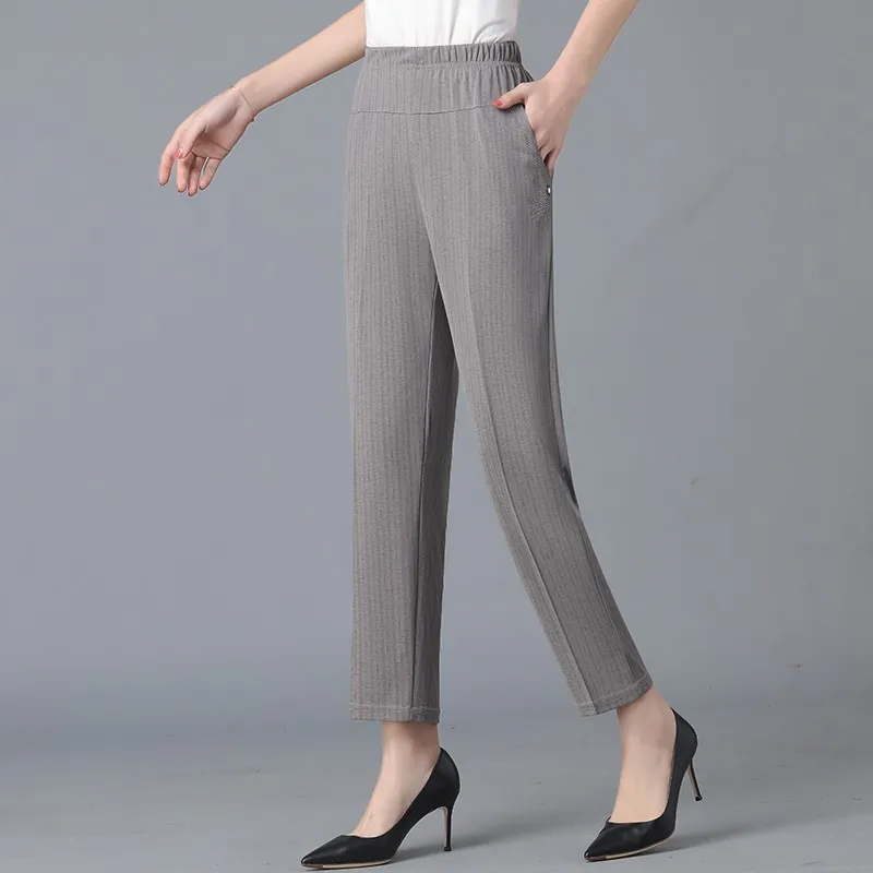 Women Casual Striped insert  Pants Spring Summer Korean New mother High Waist Elastic Loose Pockets Grey Pencil Trousers