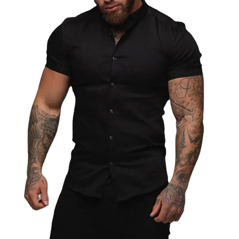 2024 Summer New Men\'s Fitness Short Sleeved Polo Neck Shirt Elastic Thin Solid Sports Casual Cardigan Business No Iron Shirt