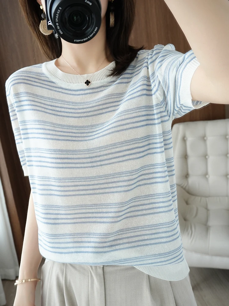 

Women's Casual Striped T-shirt 100% Cotton Knitted Short-Sleeved Round Neck Thin Section Loose Tops Summer Clothing New Feshion