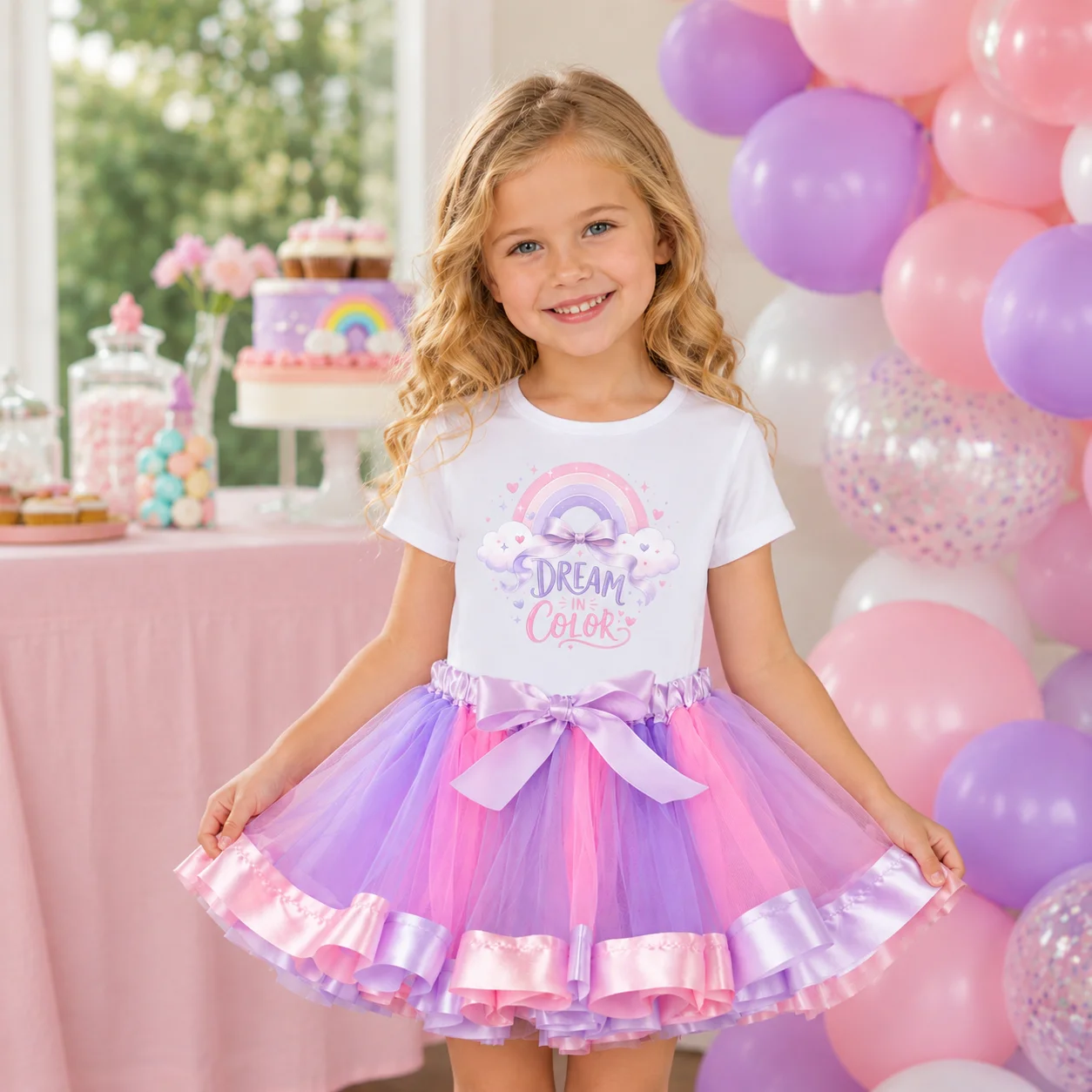 Girls Rainbow Dream Print T-shirt Purple Pink Tutu Skirt Set Kids Birthday Party Outfit Children Princess Bow Mesh Dress Summer