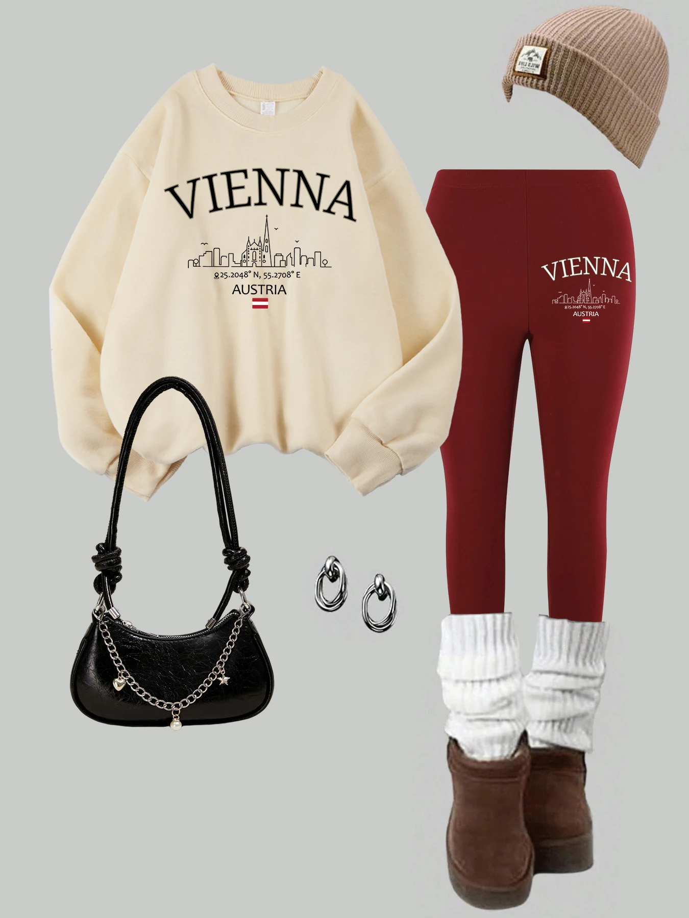 2-teiliges Damen-Sweatshirt-Leggings-Set mit Wiener Österreich-Flagge und Buchstabendruck, Winter-Thermo-warme Hoodies und Hosen, lässige Damenkleidung