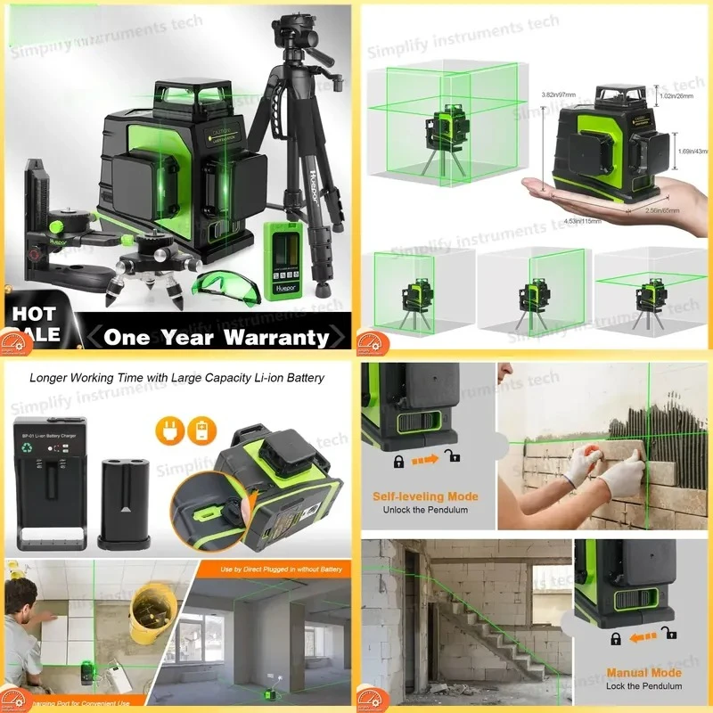12 Lines 3D Cross Line Laser Level Self-Leveling Green Beam 360 Degree Vertical Horizontal Laser Level Kit with Receiver and
