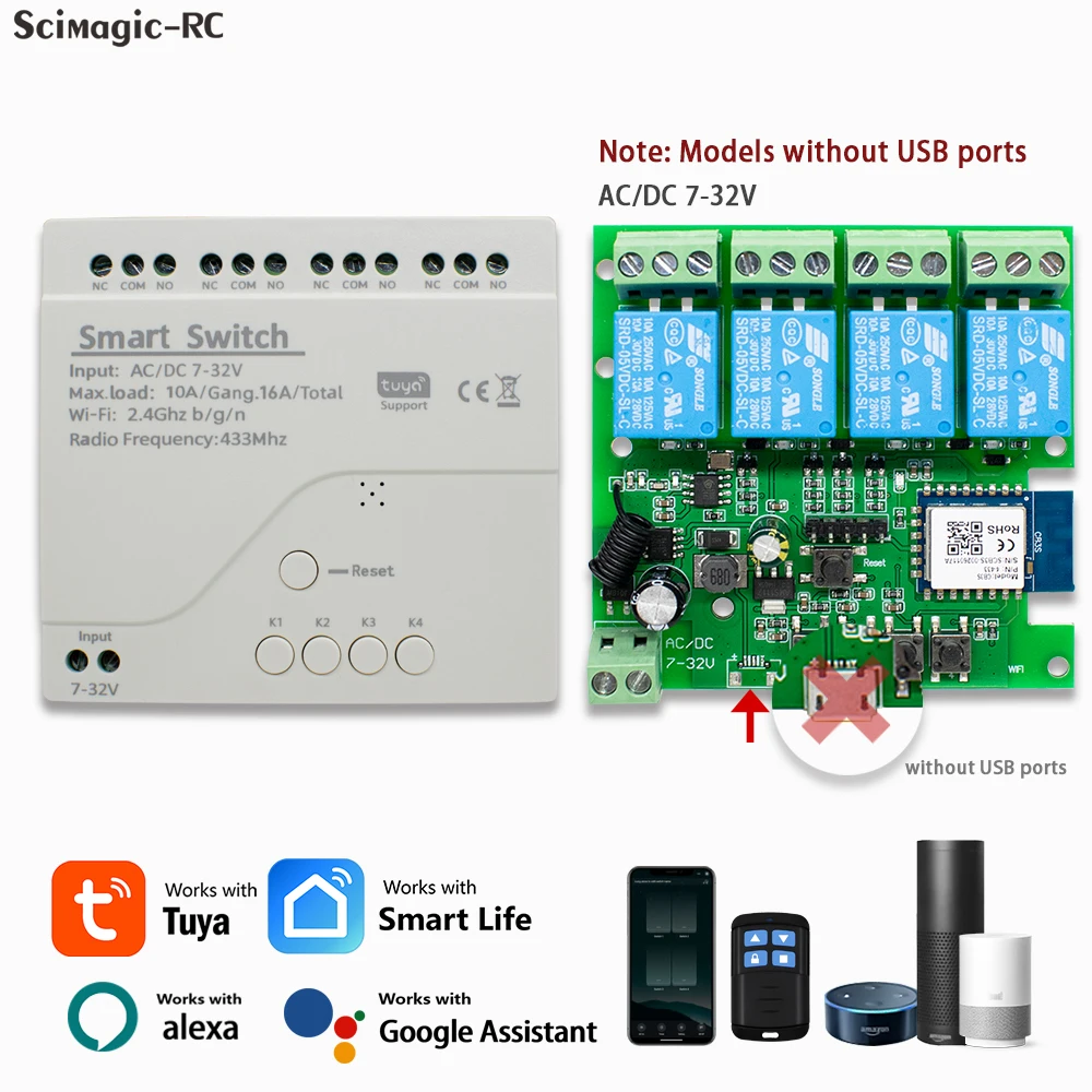 Módulo de interruptor wi-fi sem fio inteligente, relé tuya 4 canais 7-32v 85-250v 220v 110v 2200w receptor rf433 10a para alexa