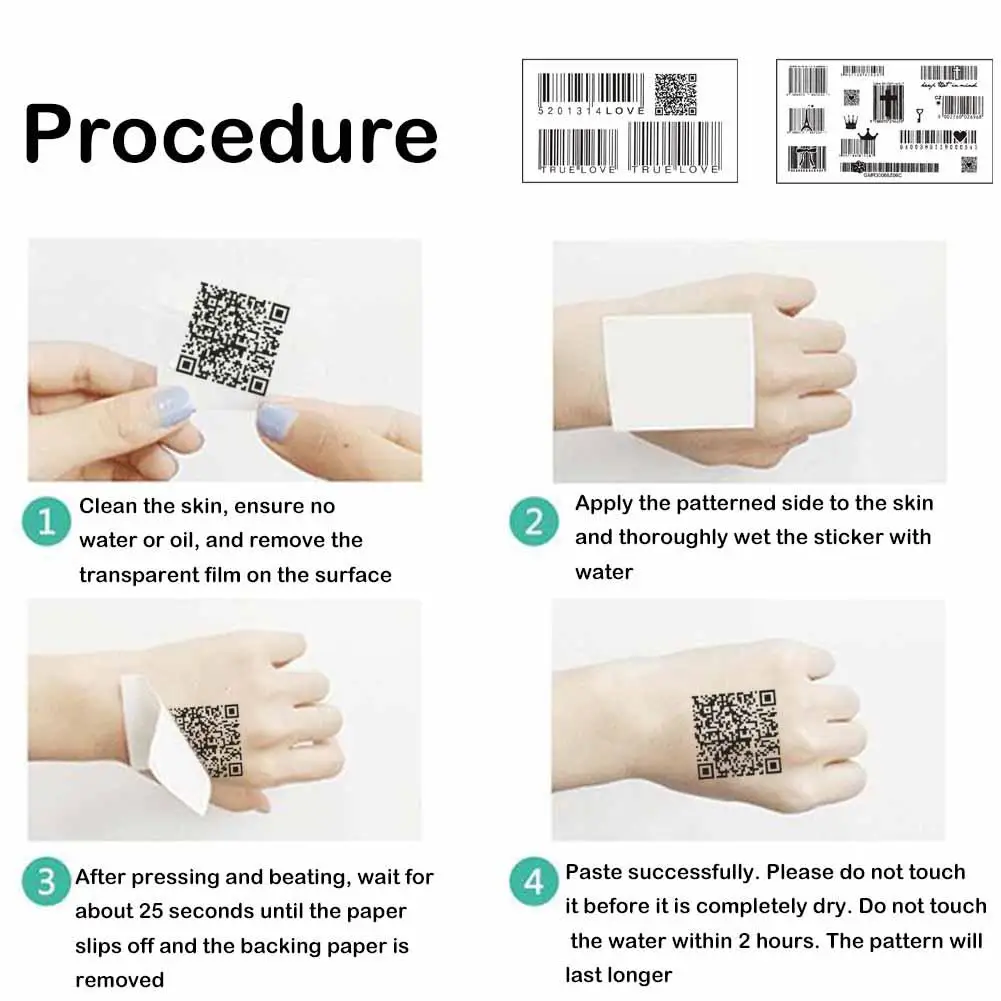 남녀공용 방수 임시 문신, 3D 러브 바코드 디자인, 미니 사이즈 바디 아트, T8L7
