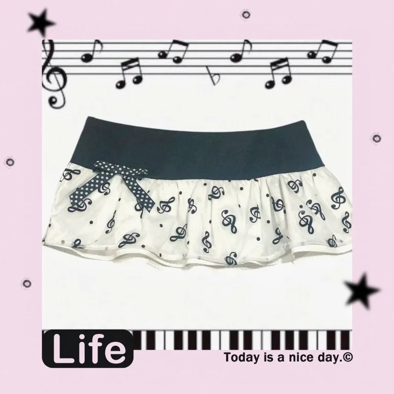 Y2K Music Note Print Mini Skirt, Black White Ruffle Micro Skirt with Polka Dot Bow,Kawaii Aesthetic Low Waist Skirt for Women