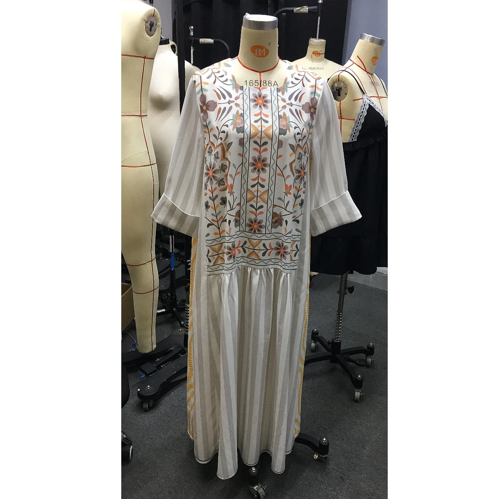 Women Casual Long Dress Long Sleeve Print Lady Apring Summer Clothing Loose Round Neck Female Ramadan Abaya Dress Muslim Clothes