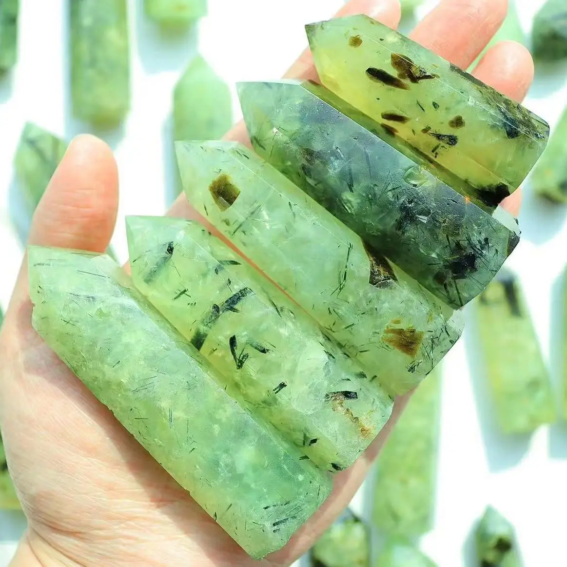 

Green Grape Prehnite And Hair Tourmaline Agate Tower Natrual Crystal Mineral Specimens Polished Crafts Hexagonal Obelisk Stone