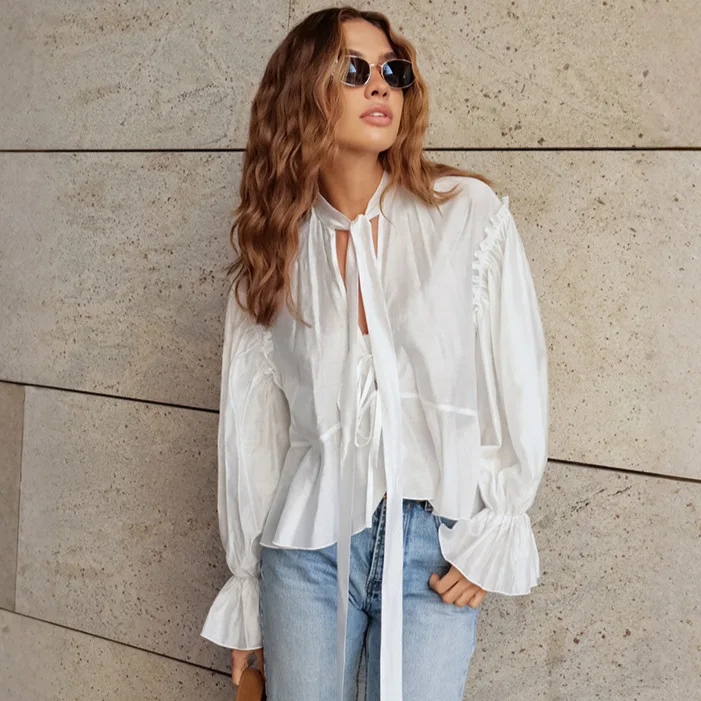 Autumn New Puff Sleeve Loose Lace-up Shirt 2025 European and American Fashion Top Women