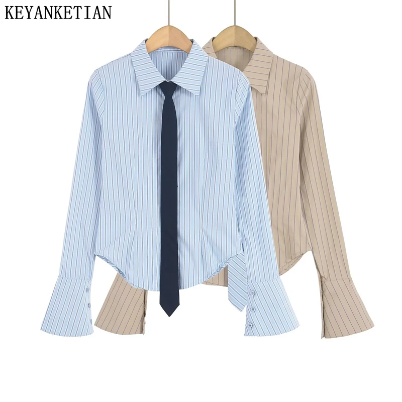 KEYANKETIAN 2024 Autumn New Women's Tie Decoration Striped Shirt Y2K Korean Single Breasted Flare sleeve Slim Blouse Short Top