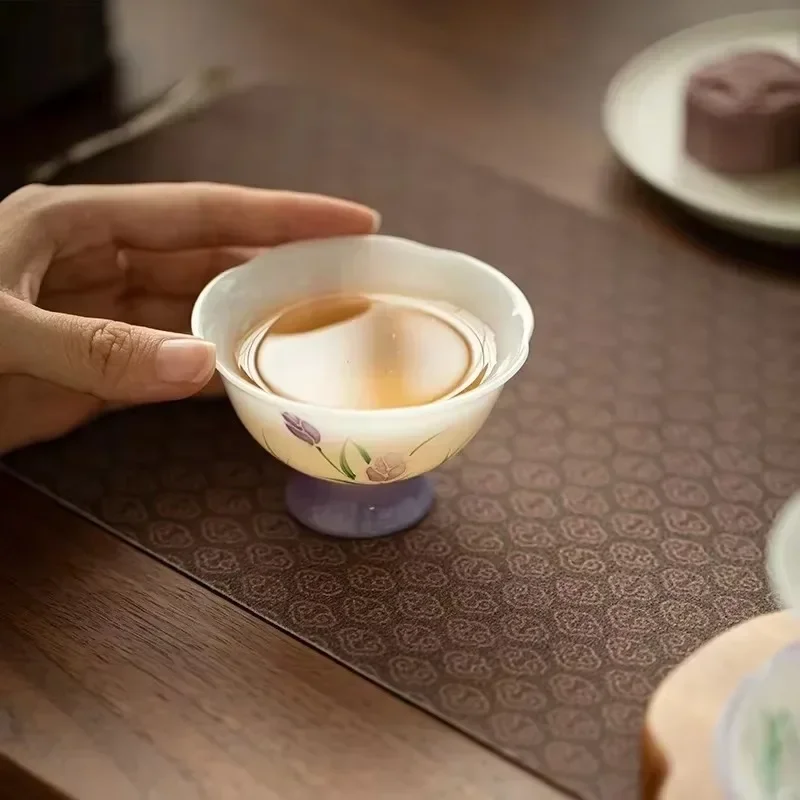 New Chinese Hand-painted Tulip Ice Seed Jade Teacup Master Cup Guest Cup Exquisite Tea Tasting Cup Ceramic Kung Fu Tea Set