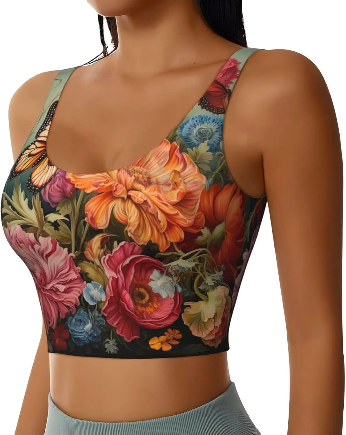 Tank Top Latihan Wanita Motif Bunga dan Kupu-kupu Rompi Olahraga Tanpa Lengan Racerback untuk Gym Atletik Yoga