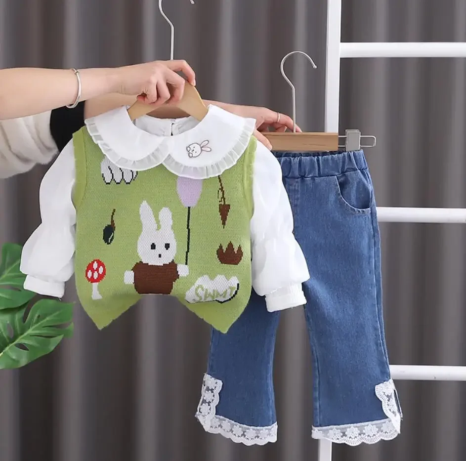 韓国風ベビー服セット,バニーバルーンセーター,ベスト,シャツ,パンツ,子供用トラックスーツ,3点セット