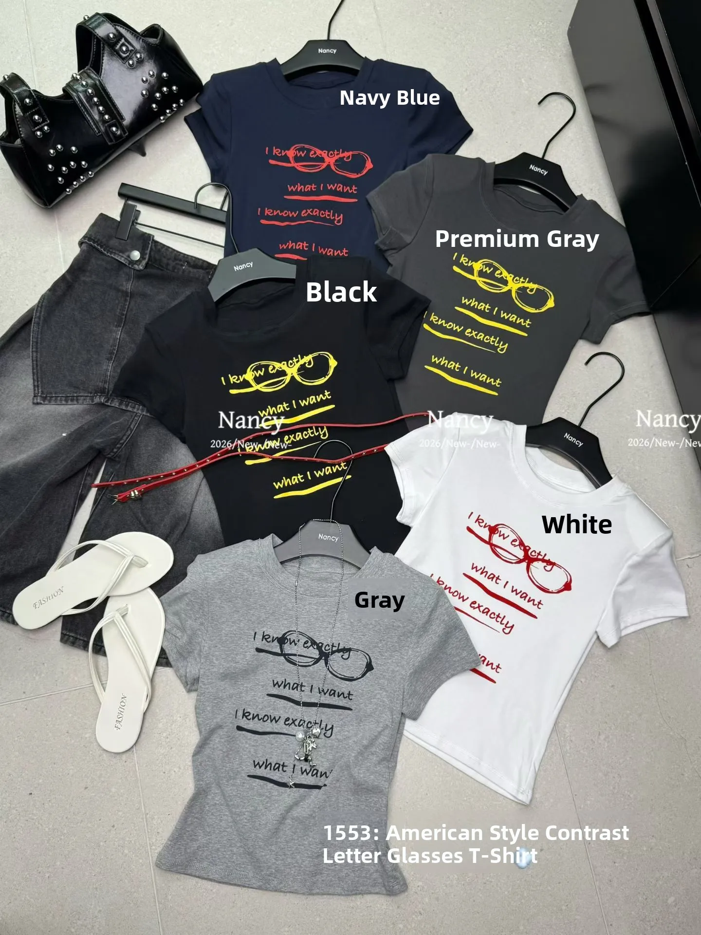 

Korean Style round Neck Letter Print Slim Fit Short Sleeve T-Shirt Women's Top Fashionable Glasses Design Breathable Cotton S...