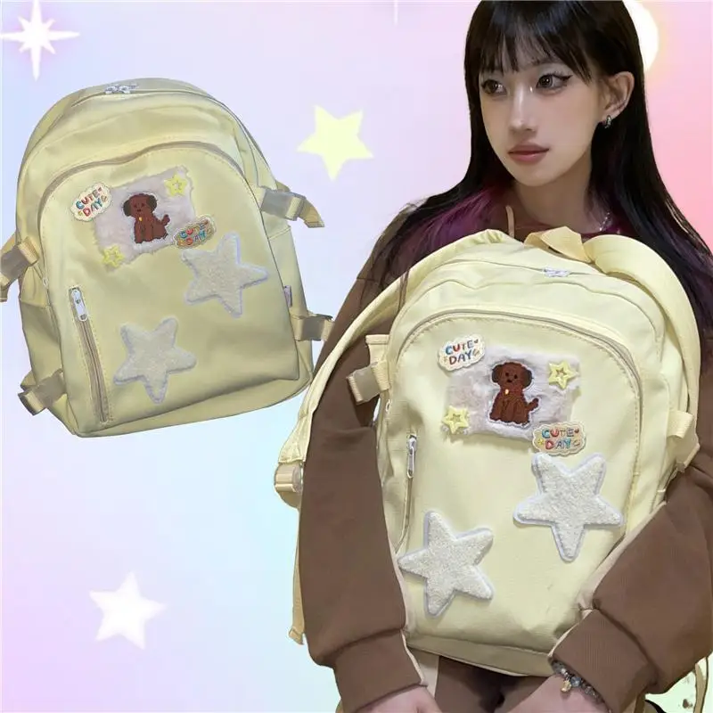 JIAERDI-mochila estrela Harajuku para mulheres, grande capacidade chique, mochila amarela vintage feminina, bordado para cachorro, mochila Y2K, casual, nova