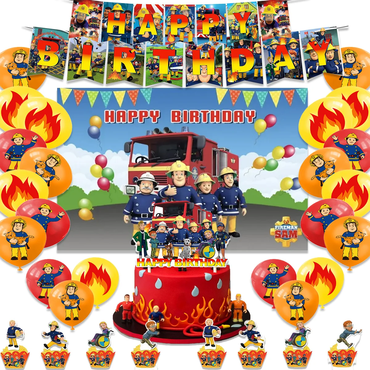 

Cartoon s-Sams Fireman Theme Birthday Party Supplies Decor Lantex Balloon Banner Backdrop Cupcake Topper Kids Baby Shower Gifts