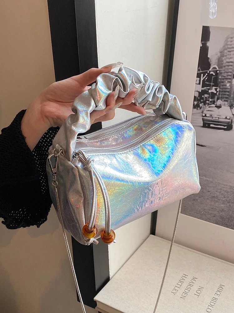 Shiny Silver Handbag For Women 2024 New Trendy Versatile Chain Crossbody Bag Soft Face PU Tassel Square Bag Elegant Party Bag