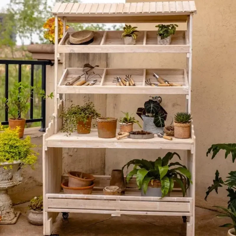 Flower stand Solid wood workbench, gardening tool storage and finishing Courtyard Balcony Shelf Outdoor, wooden frame