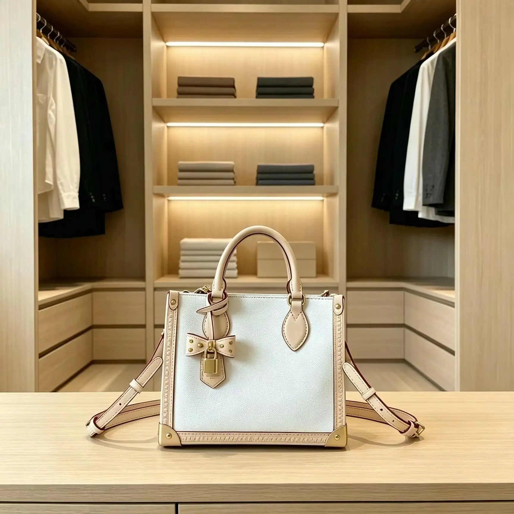 White Beige Color Block Handbag Bow Lock Decor Small Tote Bag Faux Leather Top Handle Crossbody Shoulder Purse