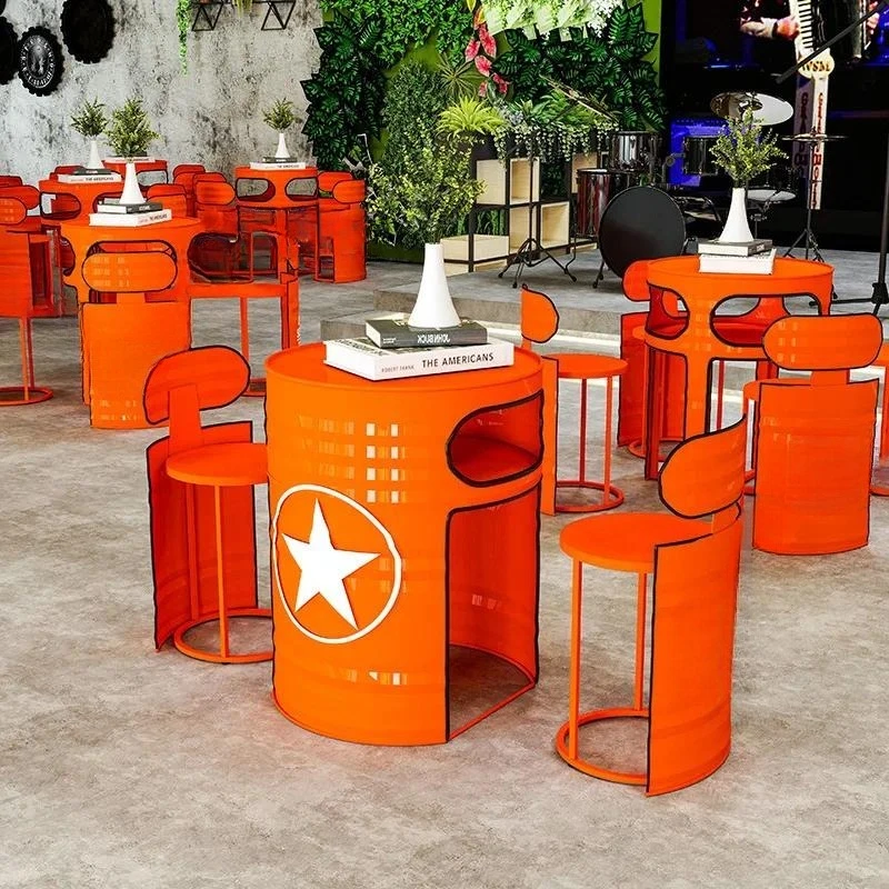 Industrial Style Wrought Iron Oil Drum Bar Table and Chair Set Retro High Top Furniture for Milk Tea Shop BBQ Restaurant