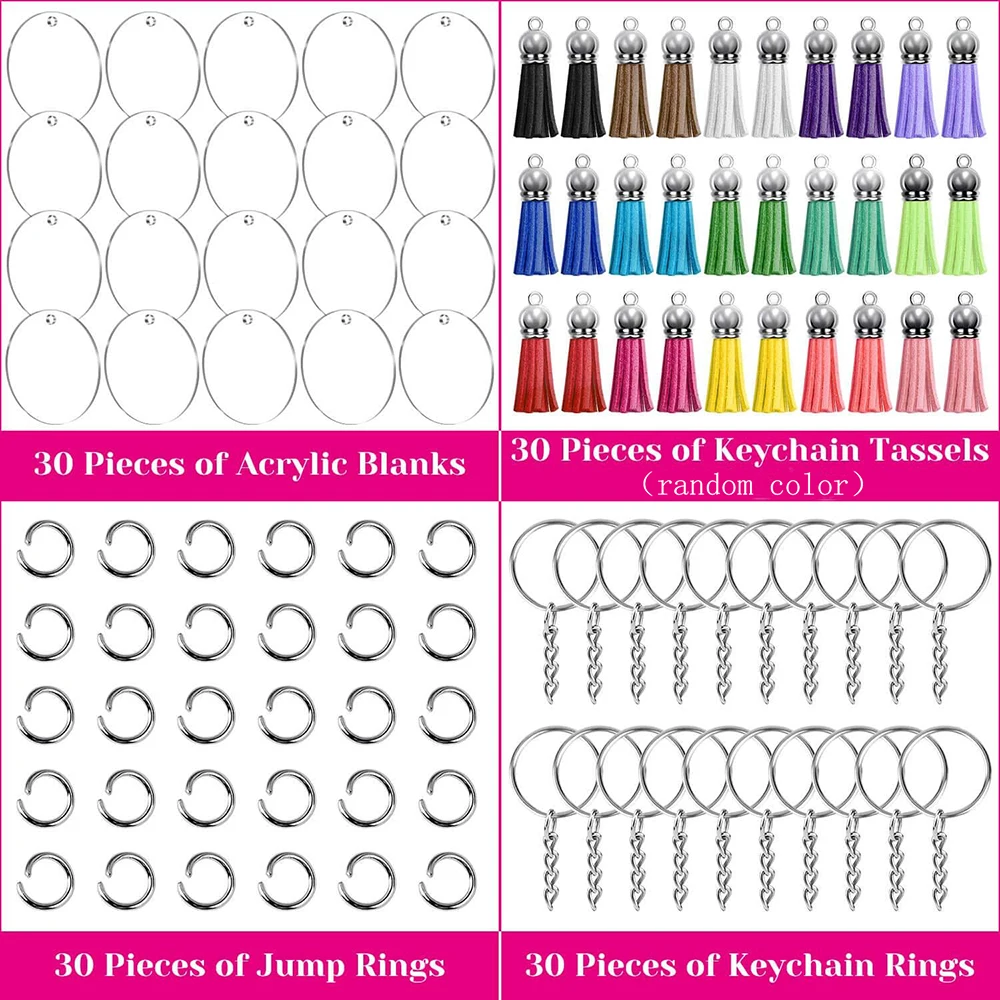 120PCS Acrylic Keychain Blanks Kit with Key Rings Jump Rings Round Keyring Set DIY Crafting Vinyl Projects