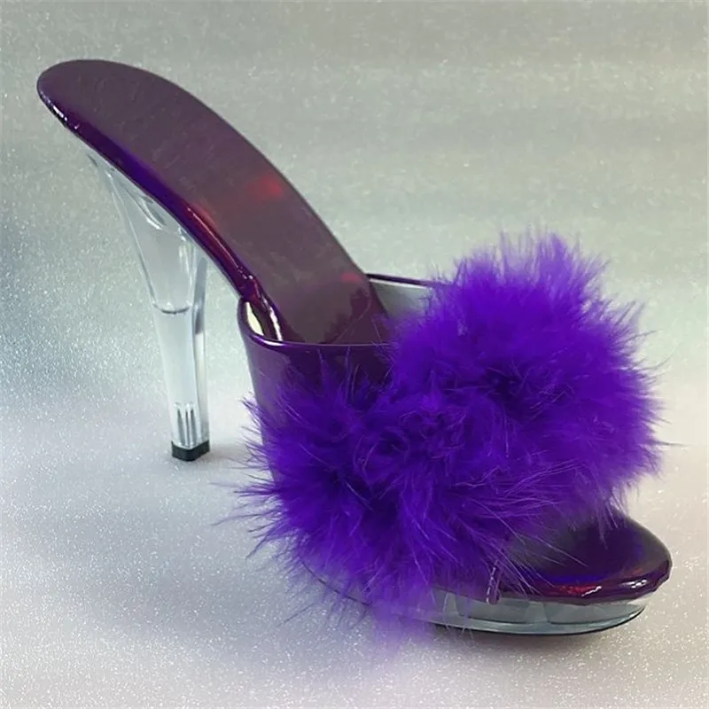 

13 cm high glass slipper, fashion sandals, pink feather decorated upper model pole dance performance dance shoes