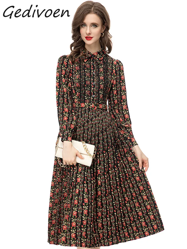 Gedivoen Spring Fashion Designer Vintage Floral Print Dress Women's Lapel Button Sashes Gathered Waist Slim Pleated Long Dress