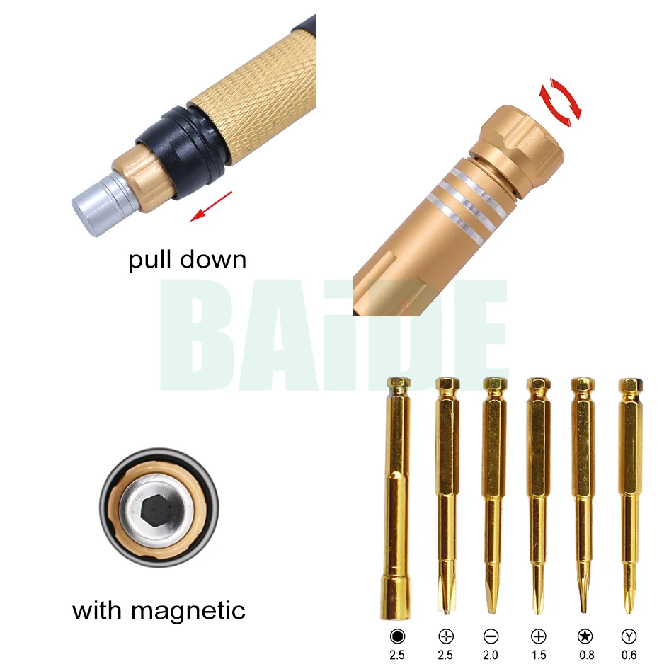 Extendibl 6 in 1 Magnetic Screw Driver Set With Precision 0.6Y 0.8 Pentalobe 1.5 Phillips 2.0 Slotted 2.5 Hex and 2.M Bit