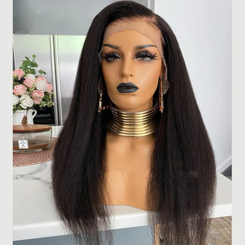 

Nature Black Soft 26inch Yaki Long Kinky Straight 180Density Lace Front Wig For Black Women BabyHair Glueless Preplucked