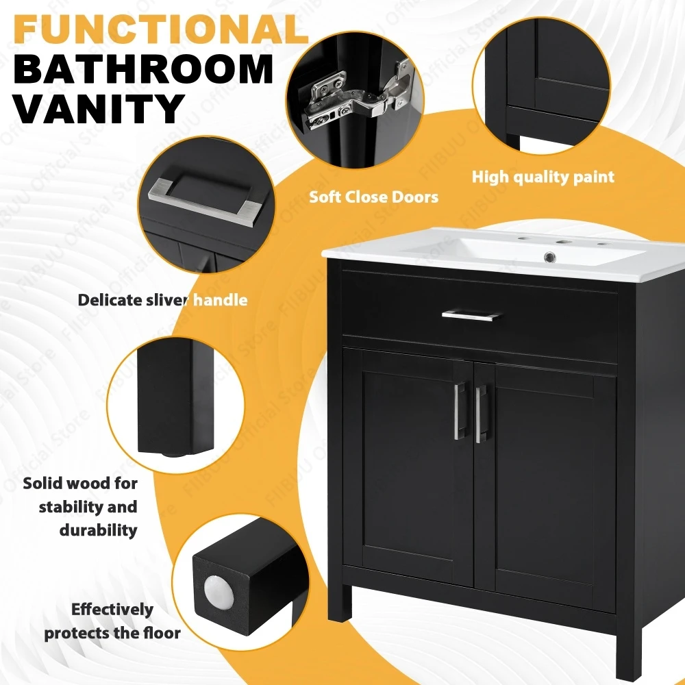 30" Small Bathroom Vanity Sink Soft Close Doors Cabinet Storage Undermount Ceramic Sink Organizer Cabinet for Compact Bathroom - view 3