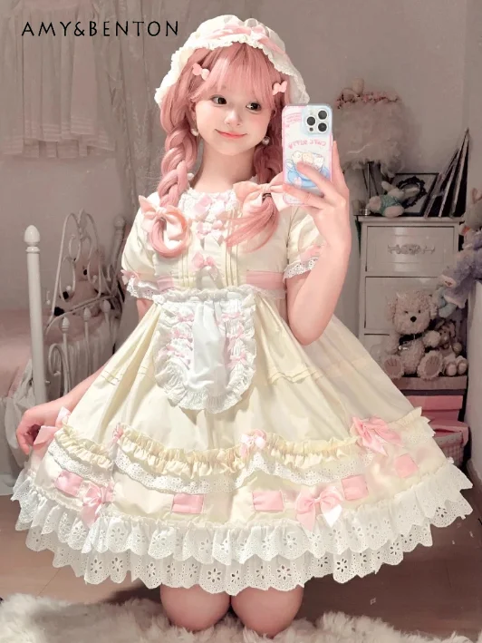

Japanese Style Summer Sweet Blue Yellow White Lace Bow High Waist Bubble Sleeve Cotton Elegant Lolita Dress for Women