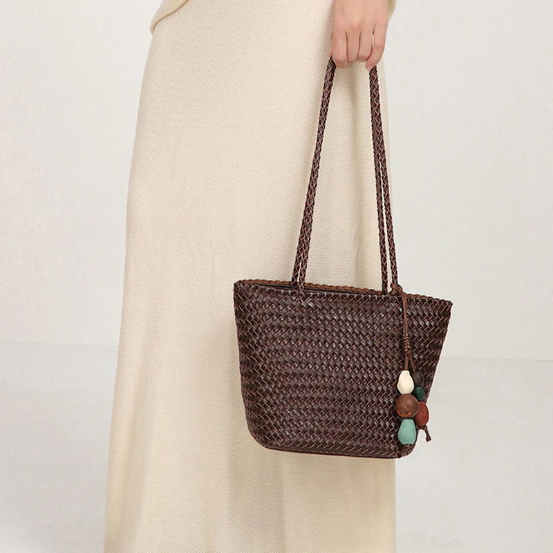 Trendy Vacation Beach Woven Handbag Herringbone Pattern Basket Bucket Bag Women Summer Casual Shoulder Underarm Purse Versatile