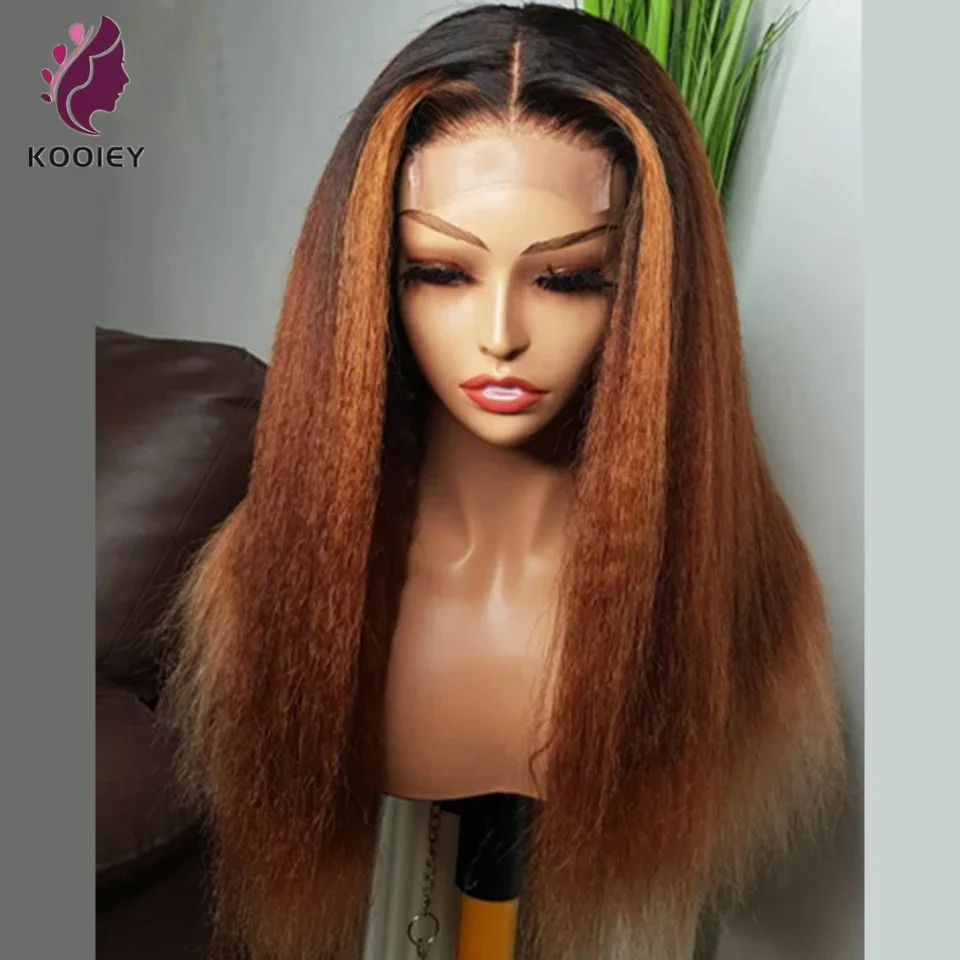 

Kinky Straight Brazilian Highlight Ombre Color 13x4 Lace Frontal Wig Preplucked For Black Women 180 Density 5x5 Silk Top Wig