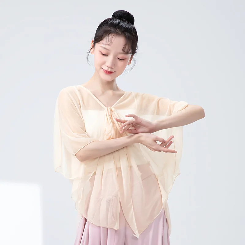 Top da danza classica da donna Manica a pipistrello divisa Cardigan legato fluido Costumi di performance popolare cinese Camicetta sari ampia Grembiule