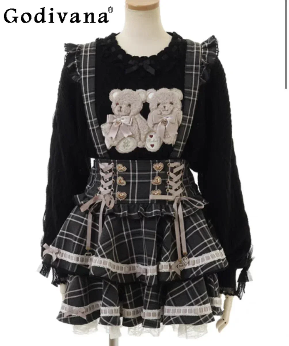 

Japanese Mine Liz Sweet Girls Plaid Skirt Women's High Waist Bow Lace Strap Skirt Women's Loose Bear Print Sweater Top Spring