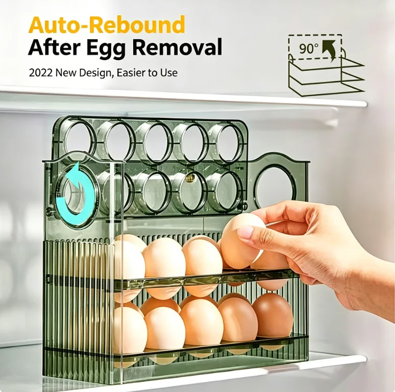 Timable Auto Rotate Egg Container Large Capacity Egg Rack Fridge Side Door Egg Tray Kitchen Dust Proof  Storage Box